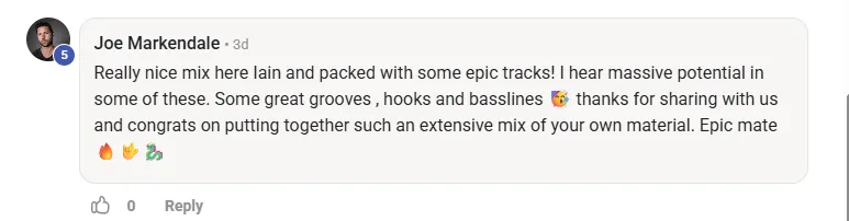 Joe praising Iain's mix - massive potential, epic grooves