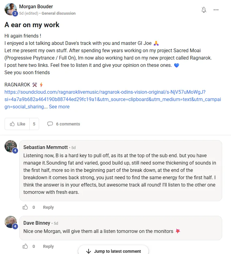 Morgan sharing work, Sebastian and Dave giving detailed feedback